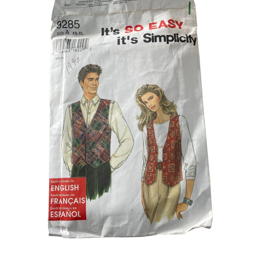 Simplicity 9285 Vest Sewing Pattern Size XS-XL Misses Mens Teens 1994 Unisex CUT